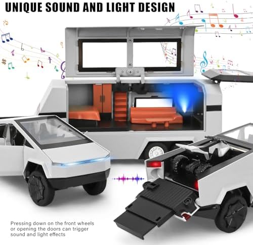 1/32 Cybertruck Toy Car Metal Model for Kid, Alloy Diecast Pickup Trailer RV Model Kit, Toy Truck with Sound and Light, Off-Road Vehicle Collection for Boy Girl Toddler Birthday