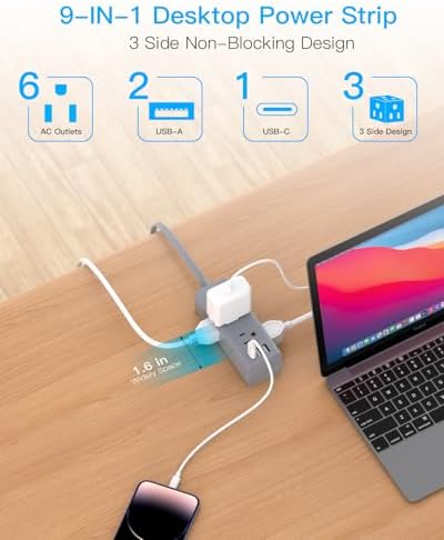 15Ft Extension Cord with Multiple Outlets, Flat Plug Power Strip Surge Protector with 15 Ft Long Cord, 6 Outlet 3 USB Ports (1 USB C), Multi Outlet Wall Plug for Travel, College, Dorm Essentials-Grey