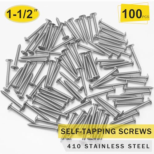 100pcs #8 x 1-1/2" 410 Stainless Steel Modified Truss Head Wood Screws, Phillips Drive Self Tapping Metal Screws with Screwdriver Bit