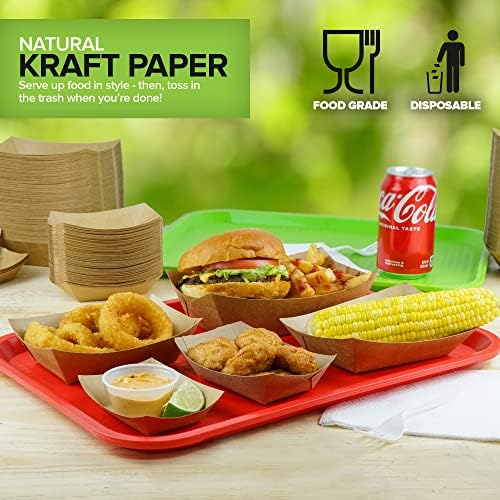 100 Pack 2-Lb Brown Kraft Paper Food Trays, Heavy-Duty Paper Food Boat, Disposable Serving Trays for Party Snacks, Hot Dog, Picnic, Taco Bar, Seafood, Nachos Plates, BBQ, carnival, birthday party