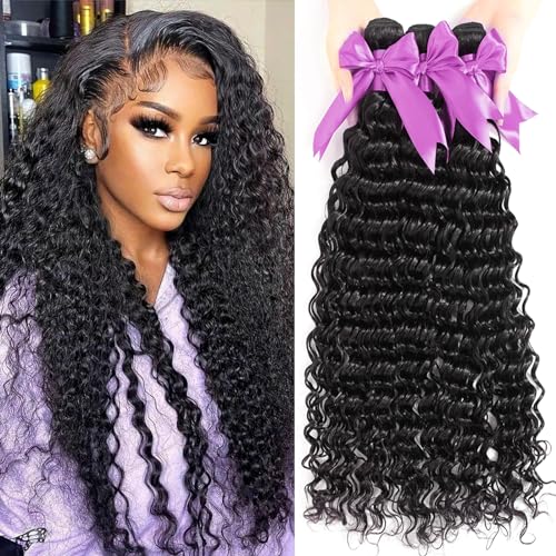 12A Deep Wave Bundles Human Hair 14 16 18 Inch Deep Curly Human Hair Bundles 100% Unprocessed Brazilian Virgin Weave 3 Bundles Double Weft Raw Remy Hair Bundles Deals Full And Thick
