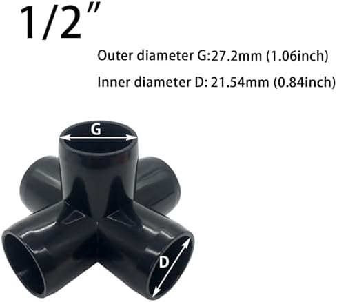 1/2“ Tee PVC Fitting 5 Way Elbow Connector, Furniture Grade 90 Degree Elbow Side Outlet, PVC Corner Fittings for Building Furniture Greenhouse Shed Tent Connection (Black-Pack of 8)