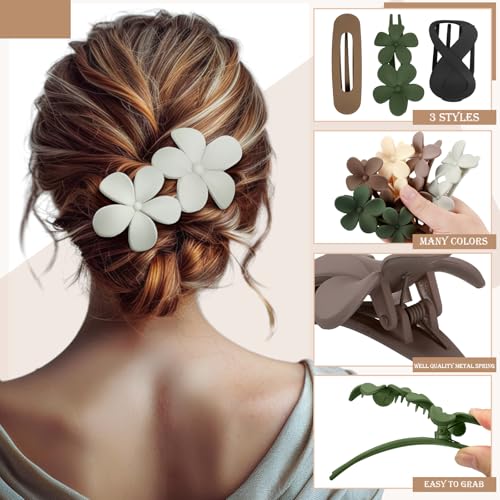 12 Pcs Flat Hair Clips for Women, Lay Flat Claw Clips Flower Hair Clips for Women French Concord Flat Hair Clips, 3 Styles Matte Hair Clips for Thin Thick Hair