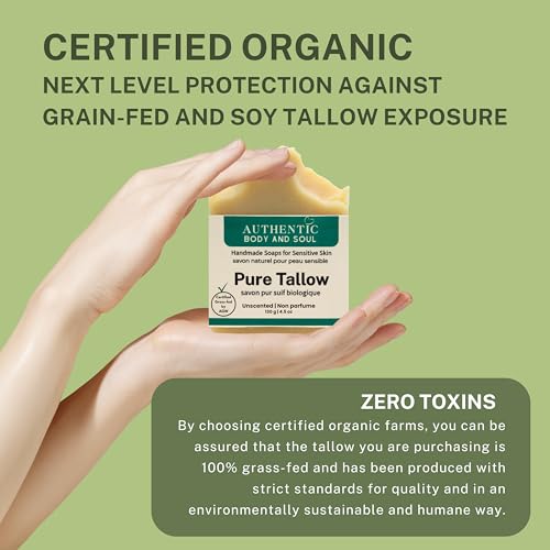 1 Ingredient Organic Tallow Soap for Sensitive Skin - 130 grams each, Pack of 2 - Premium Unscented and Fragrance Free Beef Tallow Skincare, Certified Grass-Fed by AGW (2 Pack Unscented)
