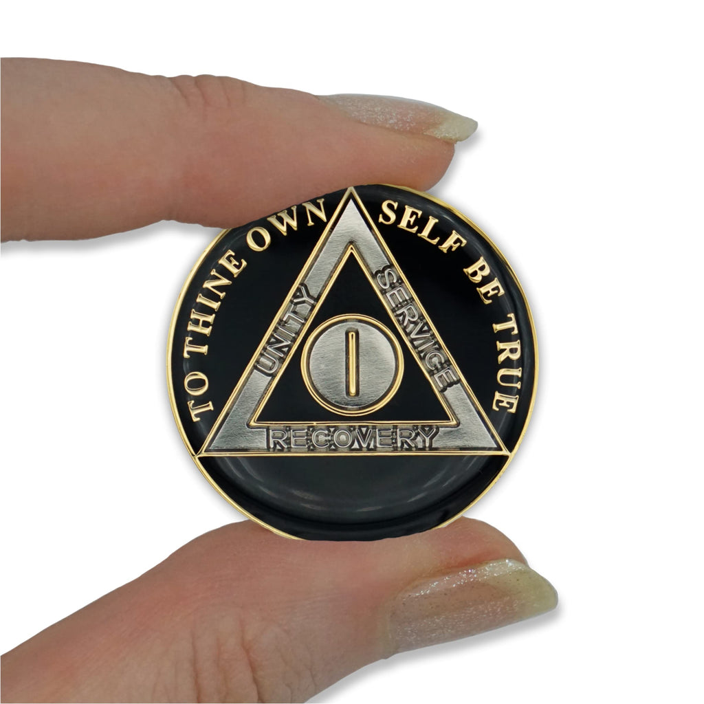 1 Year Sobriety Coin | Triplate AA Chip Recovery Anniversary Token (Black)