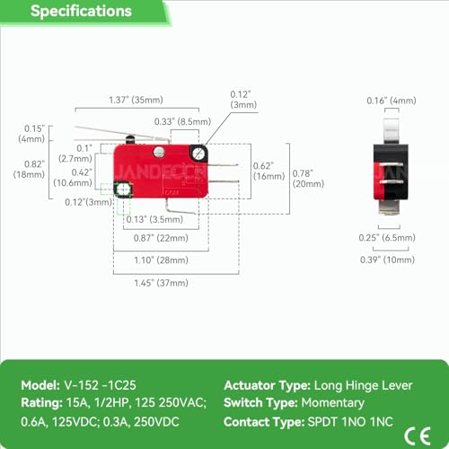 10Pcs Lead Limit Switch Hinge Lever, SPDT 1NO 1NC Snap Action Micro Switch V-152-1C25