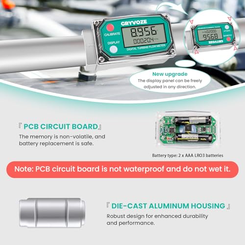 1 Inch Digital Turbine Fuel Flow Meter, 2.6-26 GPM Inline NPT Thread Flowmeter with 3/4 in Adapters for Water, Diesel, Gas Oil, Gasoline, and Other Liquids - Supports Gallon, QTS, PTS, L, m³