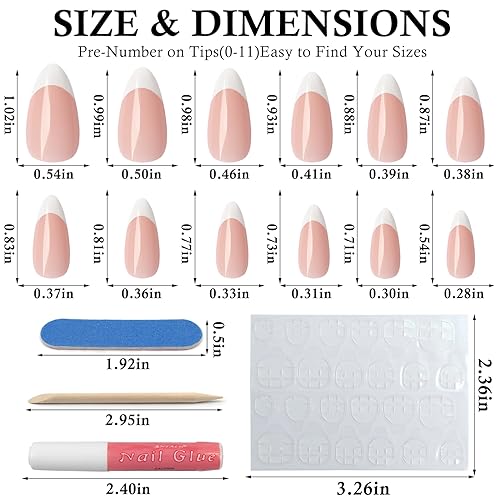 120Pcs White French Tip Press on Nails Almond Shape Fake Nails, Full Cover Glossy Nude False Nails Acrylic Glue on Nails with 5 Sheets Adhesive Tabs for Women Girls Finger Nails Design