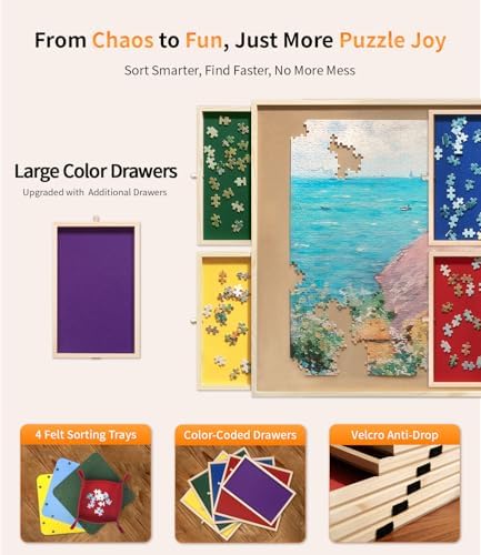 1500 Piece Puzzle Board Pro, 35" x 26" with Drawers, Rubber Cover Mat, Sort-Wise Colorful Felt Drawers & 4 Trays, Wooden Jigsaw Puzzle Table, Birthday Gifts for Mom