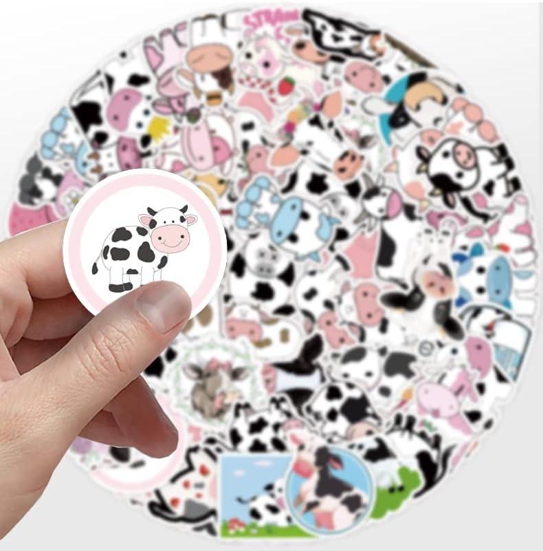100 PCS Cow Stickers Waterproof PVC Vinyl Animal Decorative for Water Bottle Stickers Waterproof Vinyl Hydroflask Phone Skateboard Laptop Notebooks Stickers Gift to Friends Famils (Cow)