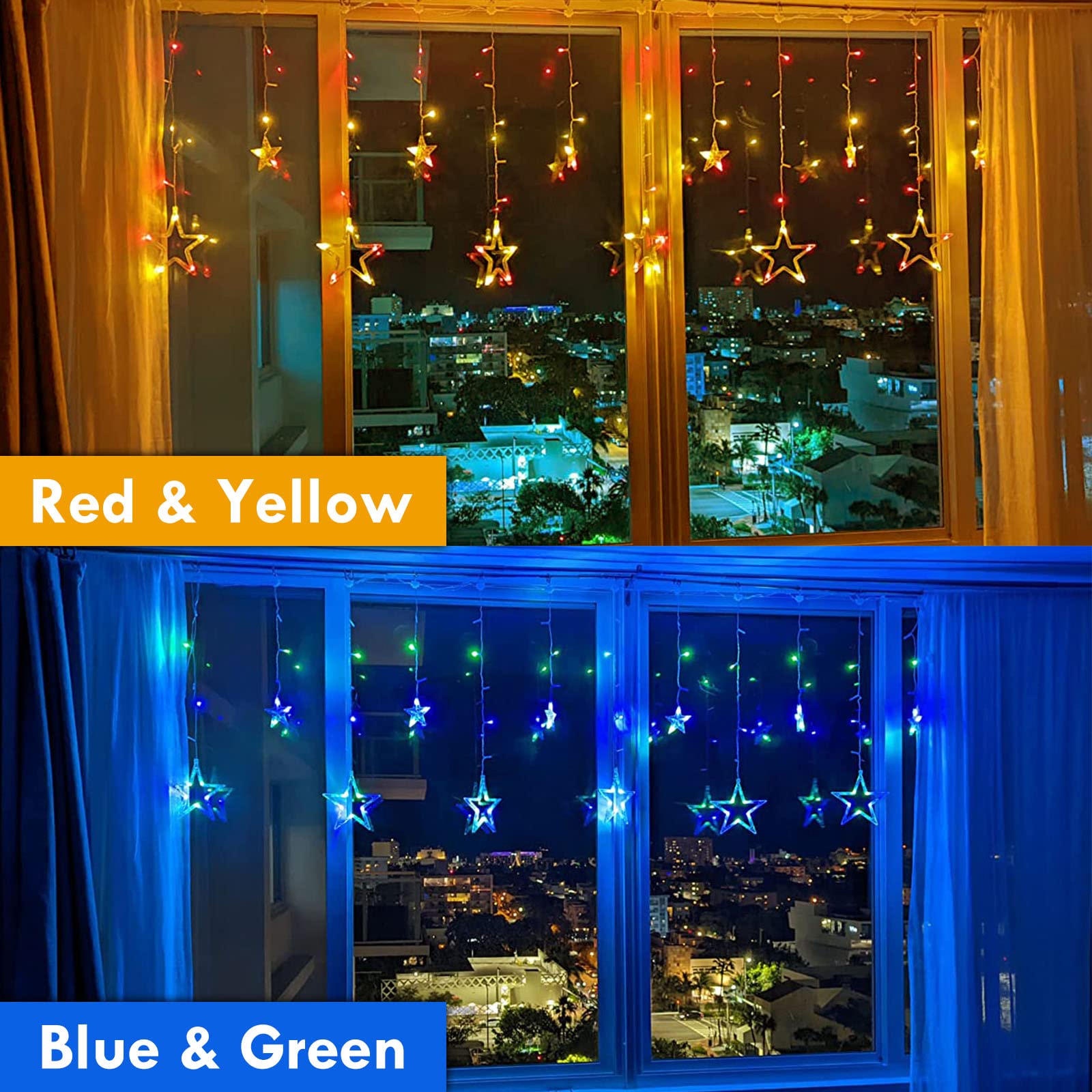 12 Stars 138 LED Bedroom Decorations Star Window Lights, Curtain String Lights Wall Decor Plug In for Outdoor with 8 Modes, Waterproof Hanging Window Decor Wall Lights For Christmas Decor (Multicolor)
