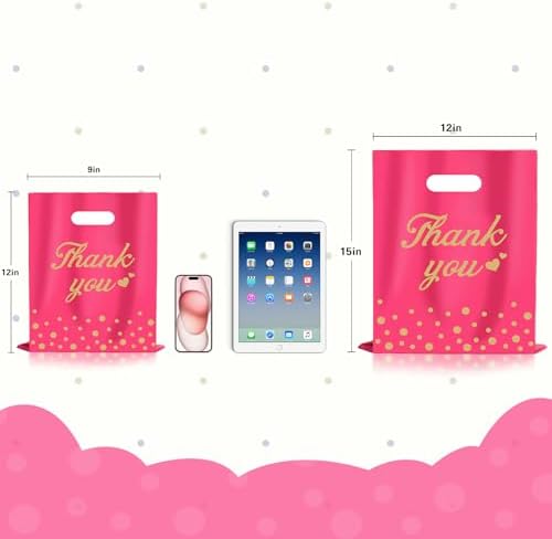 12x15In 100 Pcs Thank You Bags Shopping Bags for Small Business, 2.36Mil Extra Thick Gifts Bag, Plastic Merchandise Bags with Handle for Stores Boutique Clothes, Pink