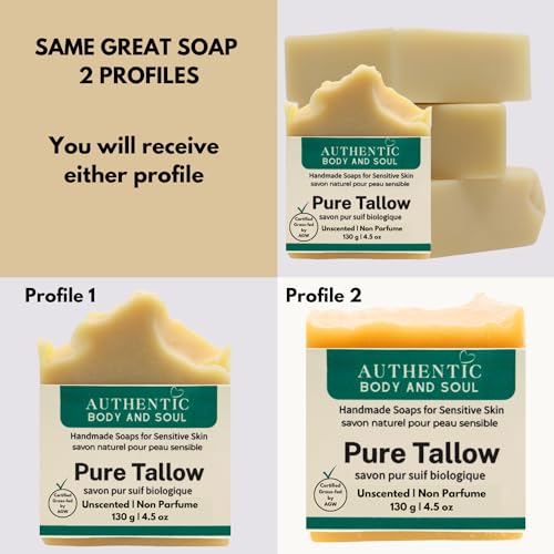 1 Ingredient Organic Tallow Soap for Sensitive Skin - 130 grams each, Pack of 2 - Premium Unscented and Fragrance Free Beef Tallow Skincare, Certified Grass-Fed by AGW (2 Pack Unscented)