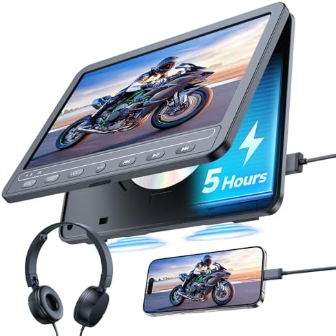 10.5 Inch DVD Player for Car with 5-Hour Rechargeable Battery, Support HDMI Input, Sync Phone/TV, 1080P Videos, USB SD, Last Memory, Region Free
