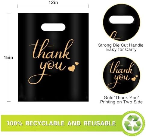 12x15In 100 Pcs Thank You Bags Shopping Bags for Small Business, 2.36 Mil Extra Thick Gifts Bag, Plastic Merchandise Bags with Handle for Stores Boutique, Clothes