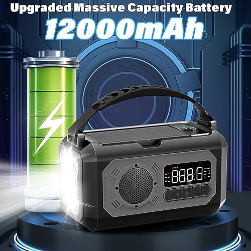 12000mAh Emergency Weather Radio, Hand Crank Radio Solar Radio Portable AM/FM/NOAA Radio with 2 Solar Panels 3 Charging Methods SOS Alarm 3 Mode Flashlight Phone Charger Compass Reading Lamp