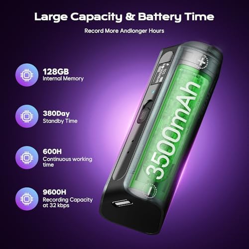 128GB(9800 Hour) Magnetic Voice Recorder with AI Triple Noise Reductio, 30 Days Continuous Recording Device, Voice Activated Recorder with Screen Display, Digital Voice Recorder for Meetings/Lectures