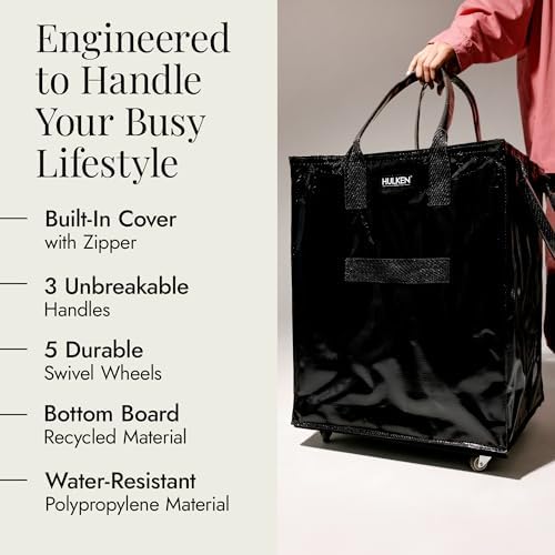 (Large, Black Reusable Rolling Tote & Rolling Shopping Bag with Wheels - Wheeled Tote - 66 lb Limit
