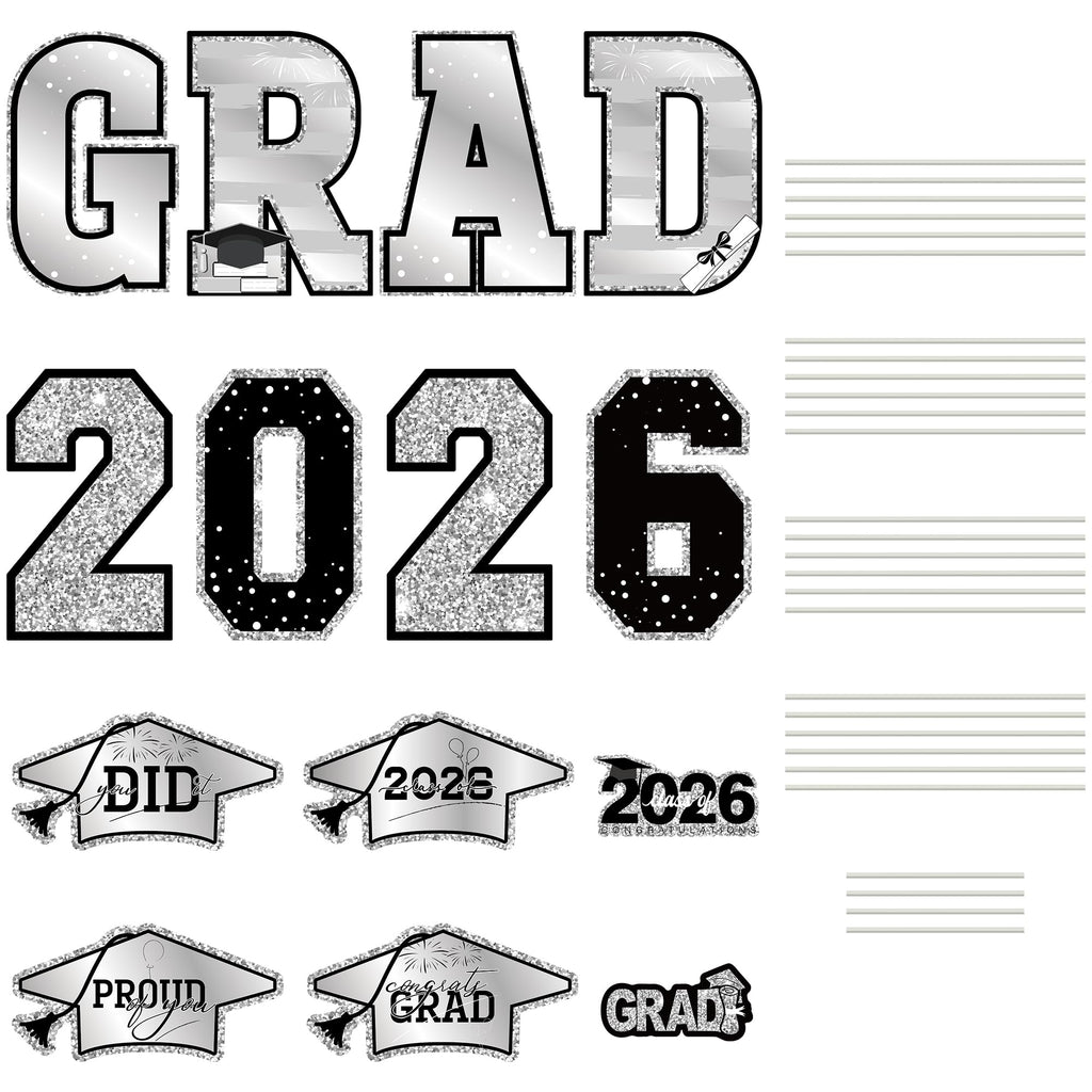 14 PCS Graduation Decorations, Silver Congrats Grad 2026 Lawn Stakes, Class of 2026 Graduation Yard Signs with Stakes, Weatherproof Graduation Outdoor Decor Set for College High School Grad Party