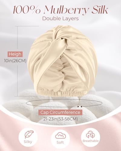 100% Mulberry Silk Bonnet for Women Sleeping Set 19 Momme Natural Silk Sleep Cap for Hair Care with Eye Mask & Scrunchie Night Cap with Elastic Stay On Head, Gold