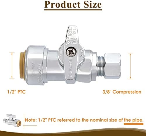 1/2" x 3/8" OD Compression Straight Stop Valve for PEX, Copper, CPVC Pipe and Water Line, Push to Connect Brass Plumbing Fitting, Quarter-Turn Shut Off Valve (2 Pack)