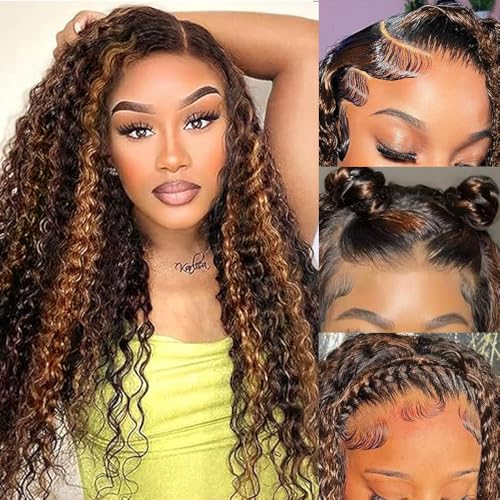 13x6 Highlight Ombre Lace Front Wig Human Hair Wigs For Women 180% Density 1B/30 HD Deep Wave Lace Frontal Wigs Curly Highlight Brown Wig Human Hair Pre Plucked With Baby Hair Colored (38 Inch)