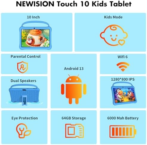 10 inch Kids Tablet, Android 13 Tabletas for Kids 2GB+64GB, Toddler Tablets with Case, 6000mAh, Bluetooth 5.0, WiFi,iWawa Pre Installed, Parental Control,Educational Games（Blue）