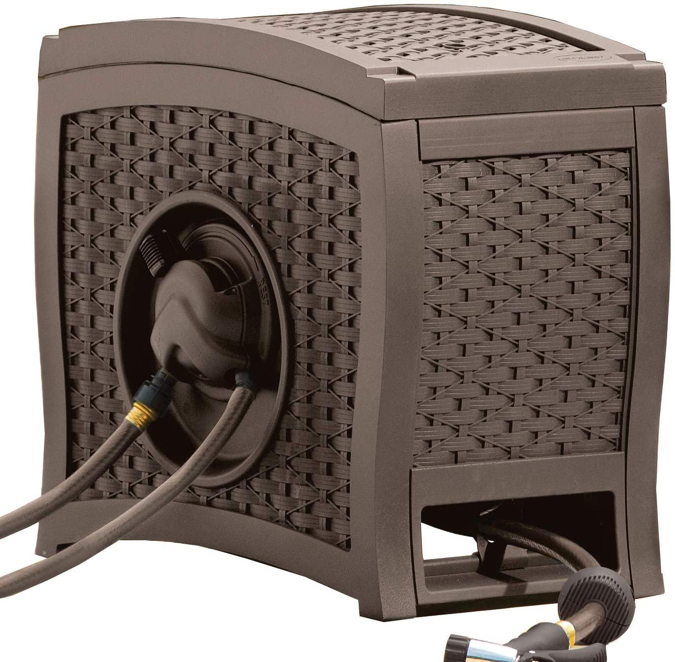 Suncast Aquawinder 125?? Wicker Garden Hose Reel ?C Lightweight Portable Hands ?C Free Water Powered Retractable Hose Reel ?C Java