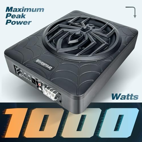 10" 1000W Slim Under Seat Powered Car Subwoofer, Car/Truck Audio Sub Built in Amplifier amp Combo, with Blue LED Light (Subwoofer + Mounting Wire Kit)