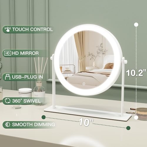 10"x10" Lighted Makeup Mirror, Vanity Mirror with Lights, Dimmable Touch Screen, Light up Mirror, Portable Travel Mirror, Cosmetic Mirror for Makeup Desk, 360° Rotation, White