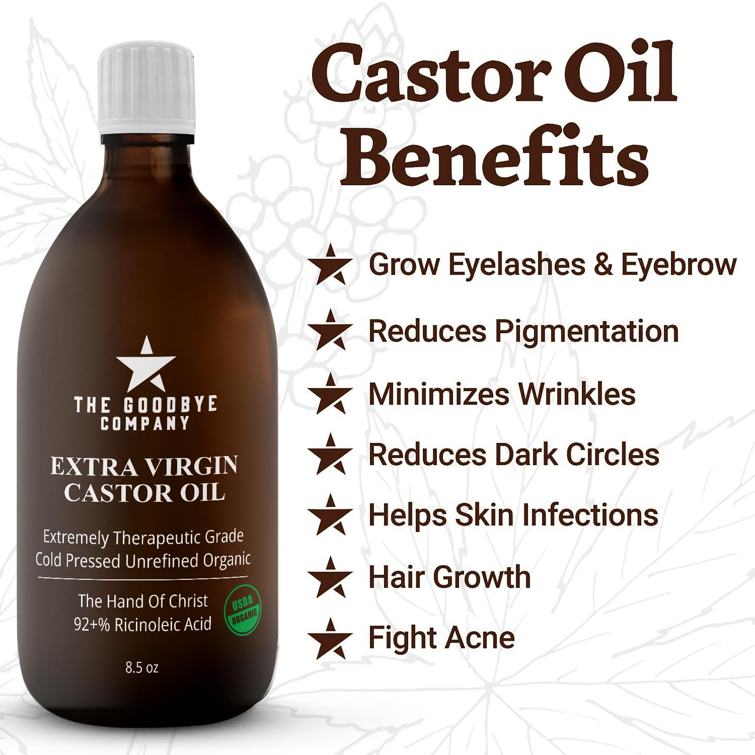 100% Natural Virgin Castor Oil, USDA Certified Organic - For Skin, Hair Growth and Eyelashes (250 mL)