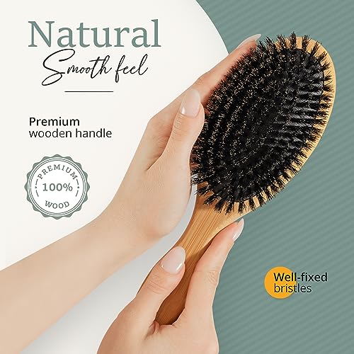 100% Boar Bristle Hair Brush for Women Set by Belula (L Size). Soft Natural Bristles for Thin and Fine Hair. Wooden Comb, Travel Bag and Spa Headband Included!