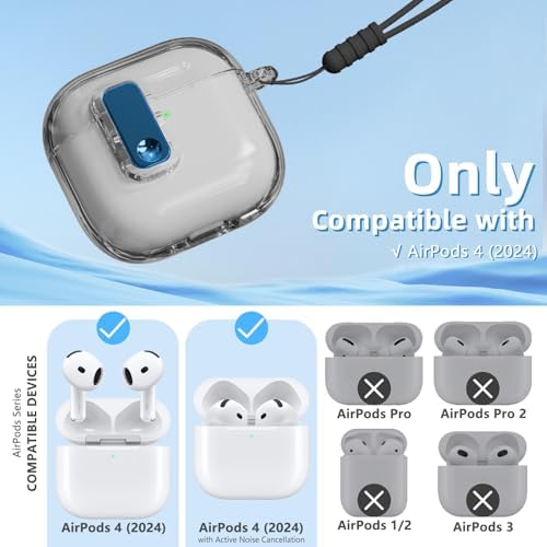 (with Safety Lock) Clear Case Compatible with AirPods 4th Generation Case with Cleaner Kit,Soft TPU Transparent AirPods 4 Case,Full Protection Cover with Lanyard for AirPods 4 Gen (2024) (USB-C)Black