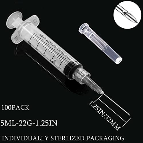 100 Pack 5ml/cc Plastic Luer Lock Syringa with 22Ga and Cap, Individually Sealed Wrapped, for Scientific Labs, Measuring Liquid, Refilling Cartridges or Glue Applicator