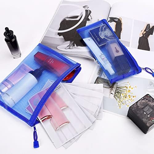12 Pieces Zipper Nylon Mesh Pouch, Mesh Cosmetic Bags Makeup Bags Pencil Case, Multipurpose Travel Bags for Cosmetic School Office Supplies and Travel Accessories (Blue, A5) (WB06)