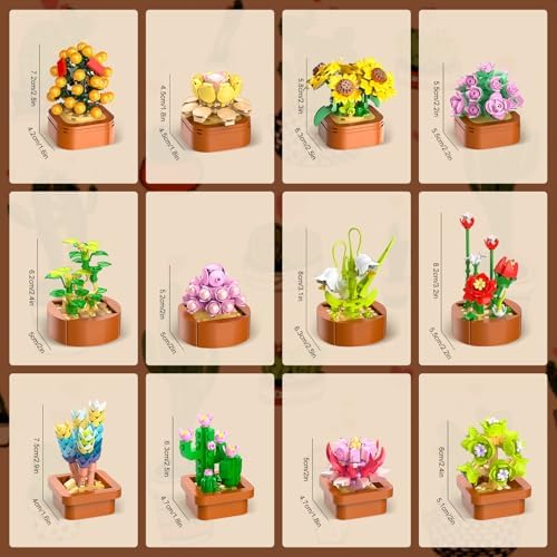 12 Flowers Succulents 3.6MM Mini Building Set - 1403PCS Flower Botanical Collection for Office Home Décor Plant Building Blocks Toy, Gifts for Valentine Mother's Day Birthday Adults Women Kids 10+