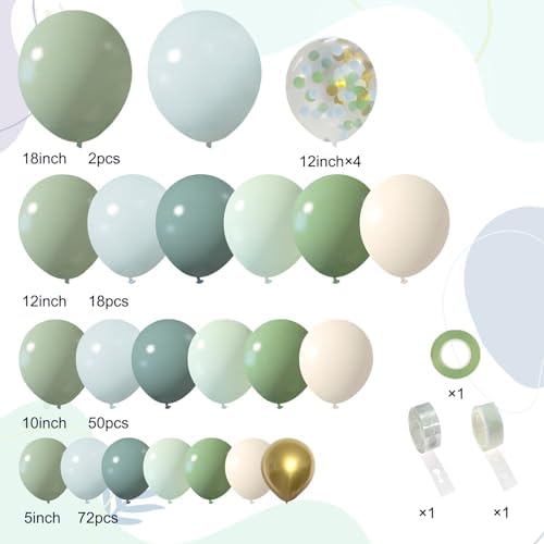 150Pcs Dusty Blue Green Balloon Garland Arch Kit, Ash Mist Green Haze Fog Blue Sand White Gold Balloons for Baby Shower Jungle Safari Woodland Wild One Bridal Birthday Party Decorations