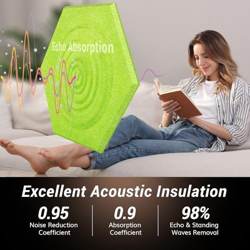 12 Pack Hexagon Acoustic Panels, TONOR 12"x 10"x 0.4" High Density Sound Proof Panels for Walls, Sound Dampening Insulation Treatment Wall Panels, Sound Absorbing Padding for Studio, Home Green