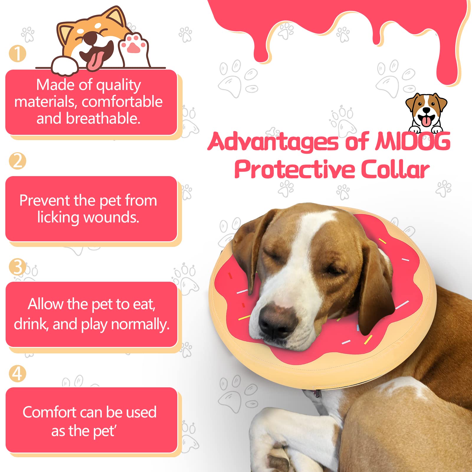 MIDOG Dog Cones for Large Dogs, Cone for Dogs After Surgery, Soft Protective Recovery Donut Collar for Dogs to Prevent Touching Stitches, Wounds, and Rashes, Does Not Block Vision E-Collar. -Red,M
