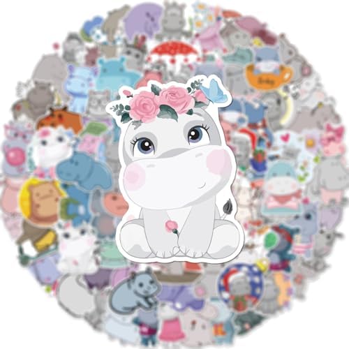 100 Pieces Hippo Stickers Cartoon Vinyl Waterproof Stickers for Laptop,Guitar,Motorcycle,Bike,Skateboard,Luggage,Phone,Hydro Flask, Gift for Kids Teen Birthday Party