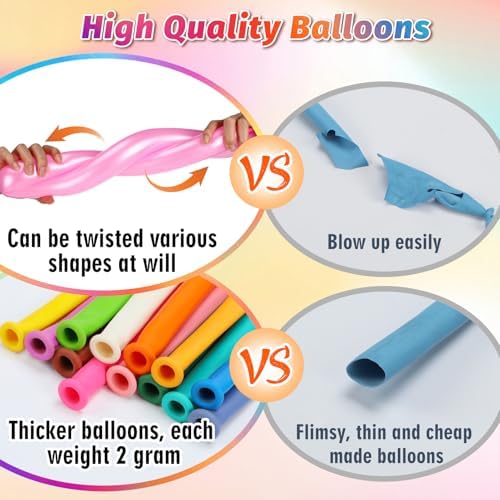 100 Pcs 260Q Balloons Kit with Pump - Kids Premium Latex Twisting Long Balloons to Make Animals Flowers, Fun Rainbow Balloons for Party Boys Girls Christmas Birthday Gifts Clowns Wedding Decor