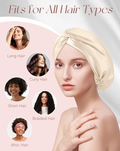 100% Mulberry Silk Bonnet for Women Sleeping Set 19 Momme Natural Silk Sleep Cap for Hair Care with Eye Mask & Scrunchie Night Cap with Elastic Stay On Head, Gold