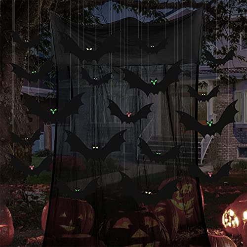 (18 Pcs) Hanging Bats Halloween Decoration Outside, Large Flying Plastic Bats Outdoor Decor, 3 Different Sizes with Cute Eye Stickers for Hanging in The Tree, Porch, Yard, Lawn, Indoor