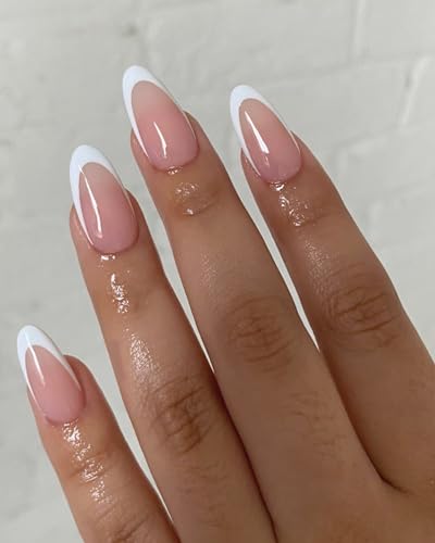 120Pcs White French Tip Press on Nails Almond Shape Fake Nails, Full Cover Glossy Nude False Nails Acrylic Glue on Nails with 5 Sheets Adhesive Tabs for Women Girls Finger Nails Design