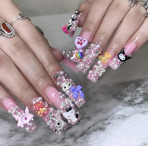 112 PCS Nail Charms Bulk Set for Kawaii Kitty Charms Bling Cute Cross Star Charms Nail Charms and Gems 3D Silver Y2K Nail Charms with Rhinestones Nail Art Accessories