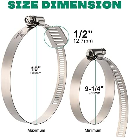 10Pack 10 inch Hose Clamp,Stainless Steel Large Hose Clamps Adjustable from 9-1/4"-10"/235-254mm,Metal Worm Drive Gear Duct Clamp for Air Ducting,Dryer Vent Hose,Fuel Line,Plumbing,Automotive