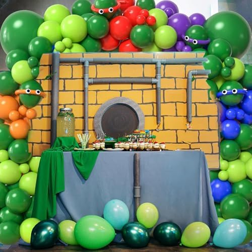153Pcs Turtle Birthday Party Decorations Supplies Kids Teen, Green Turtle Balloon Arch with Backdrop Tablecloth Googly Eye Long Balloons, Girls Boys Video Game Cartoon Turtle Birthday Decorations