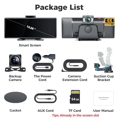 10.26" Wireless Apple CarPlay Android Auto Screen - 4K Dash Cam, GPS Navigation, HD Touchscreen, AirPlay, 1080P Backup Camera, Car Stereo