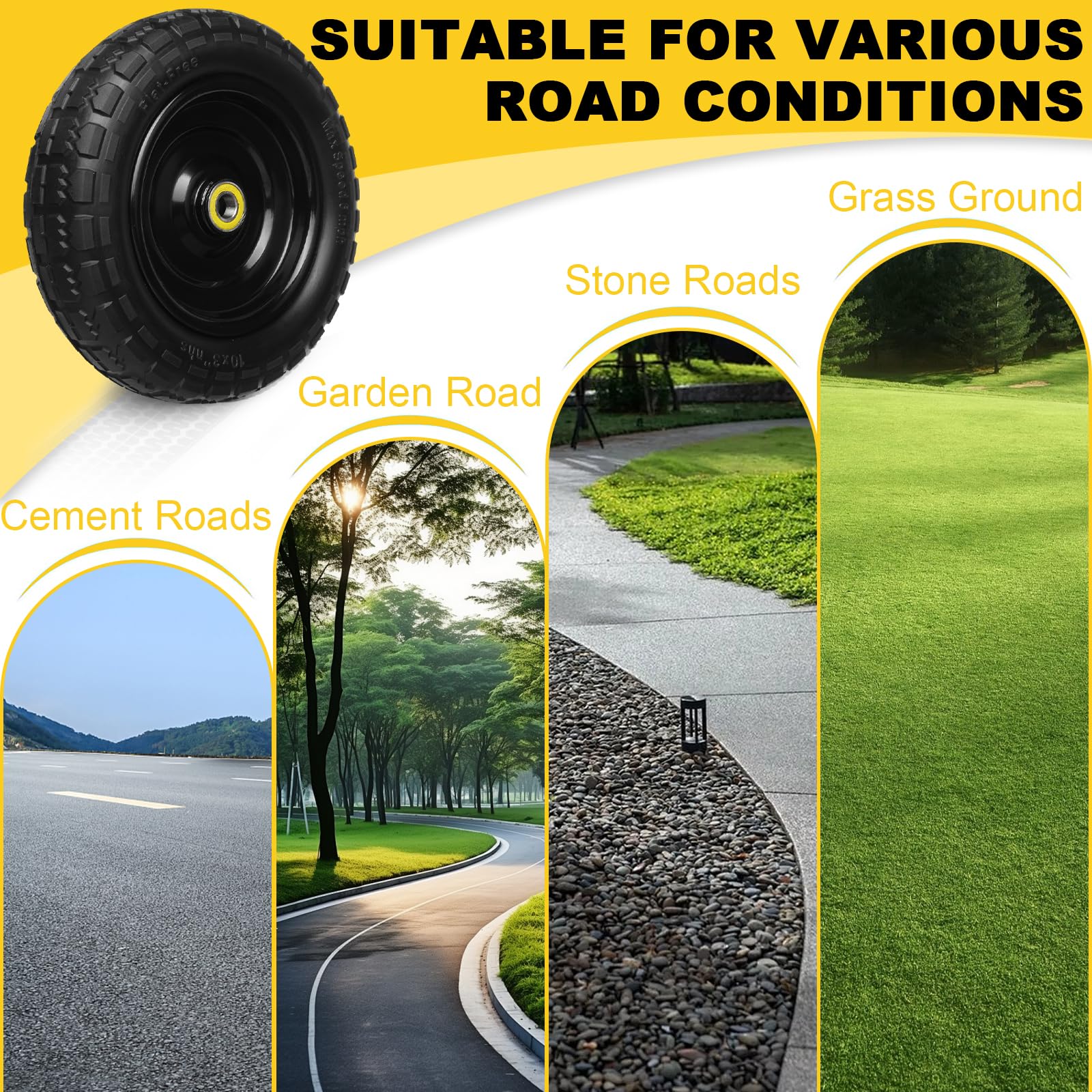 10 Inch Solid Rubber Tires, 4.10/3.50-4 Tire and Flat Free with 5/8" Bearings, 2.17" Offset Hub for GOR Garden Carts, Garden Wagon Carts, Trolleys, Hand Trucks and Utility Cart(2 Pack)