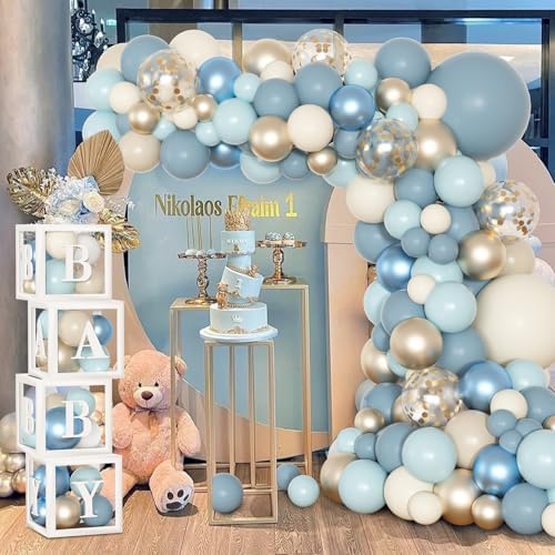 153pcs Dusty Blue Balloon Baby Shower Decorations for Boy with Baby Boxes, Blue Balloon Arch Kit Baby Boxes with Letter (A-Z+Baby) for Boho Baby Shower Boy Birthday Gender Reveal Party Supplies